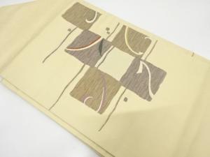枡に草葉模様織り出し　名古屋帯